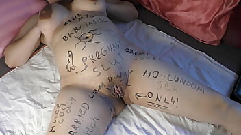 Milky Mari, the hotwife with big boobs, gets covered in dirty body writings before a gangbang
